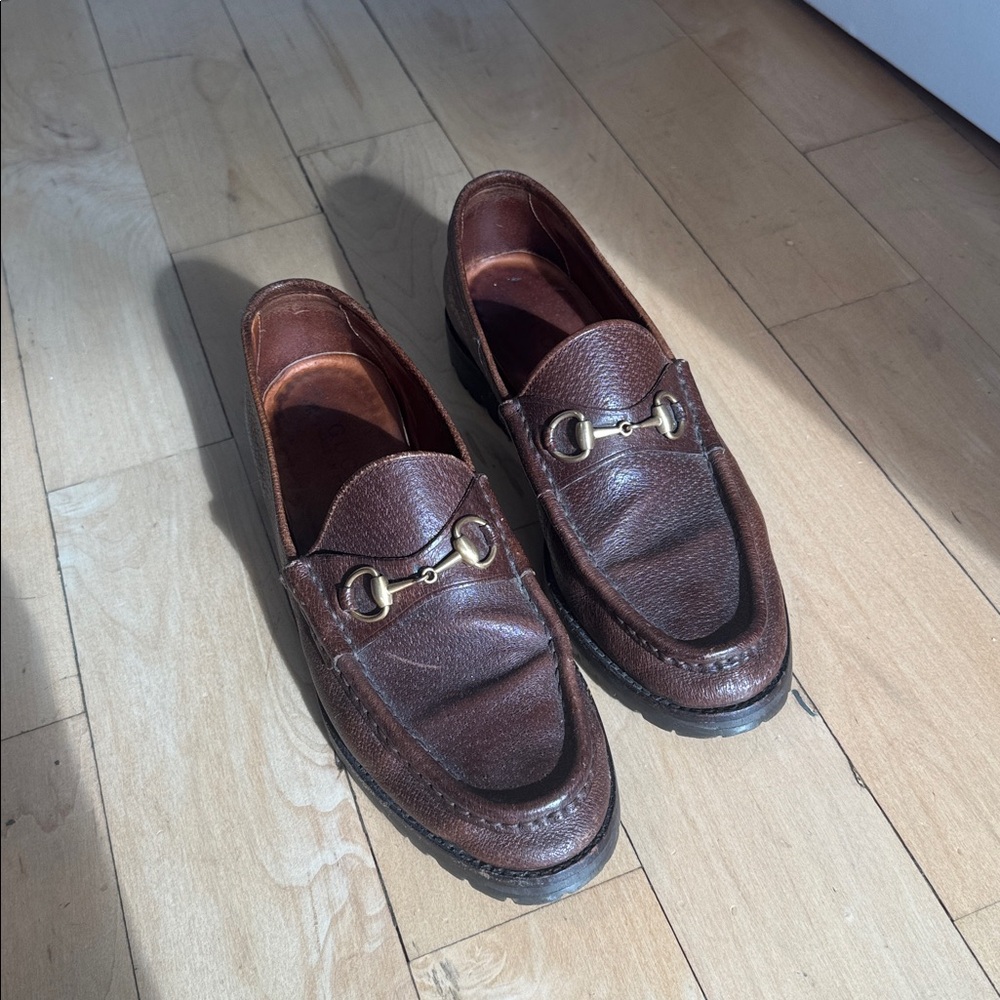 Classic Gucci Brown Leather Loafers with Gold Accents